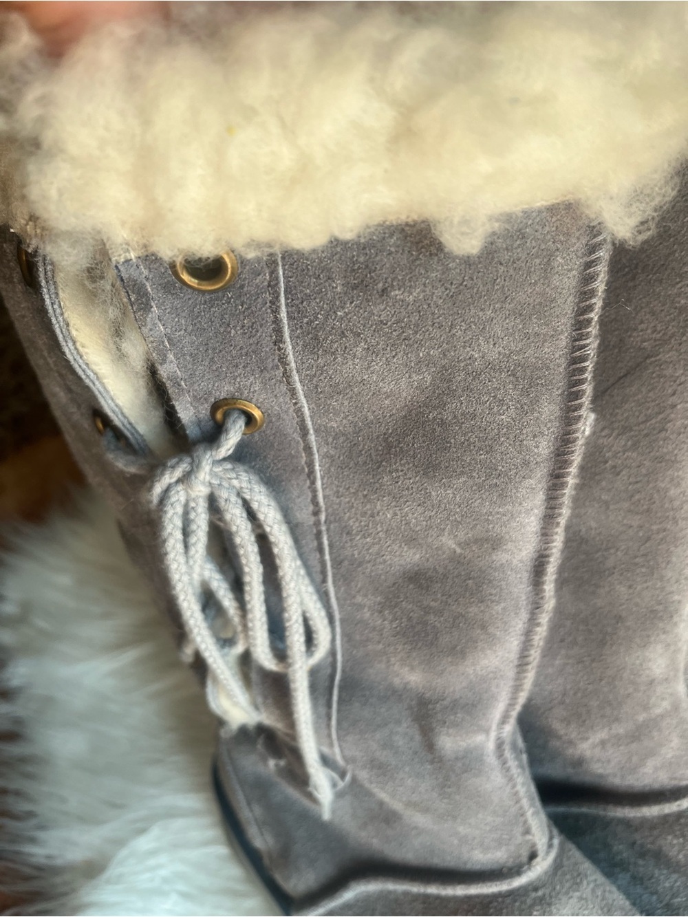 UGG Light Gray Faux-Suede Lace-Up Shearling Trim Mid-Calf Boots - Picture 4 of 7